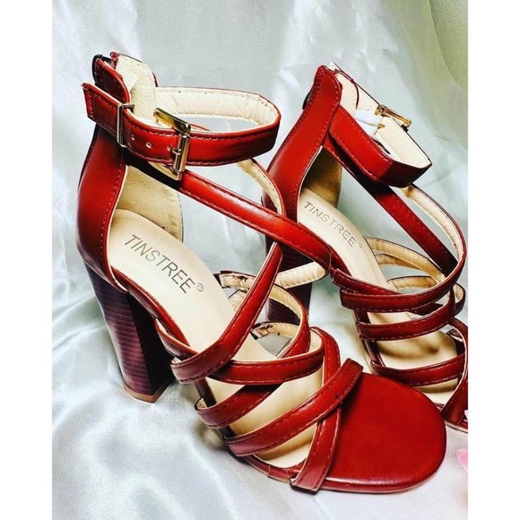 Burgendy Women's Size 6 Chunky High Heels, Open Toe Ankle Buckle Strap Sandals, - Picture 4 of 5